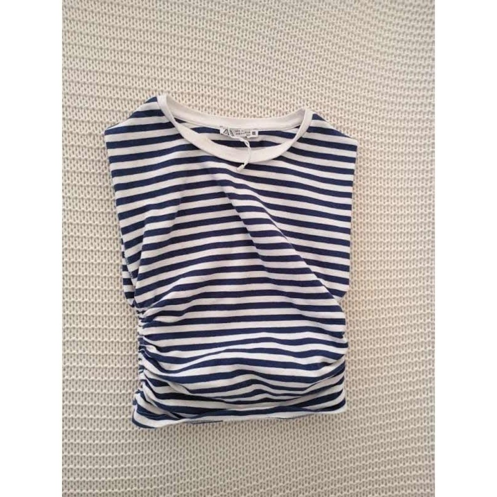 Zara Navy Blue White Striped‎ Ruched Side T-Shirt Short Sleeve Women's Size S